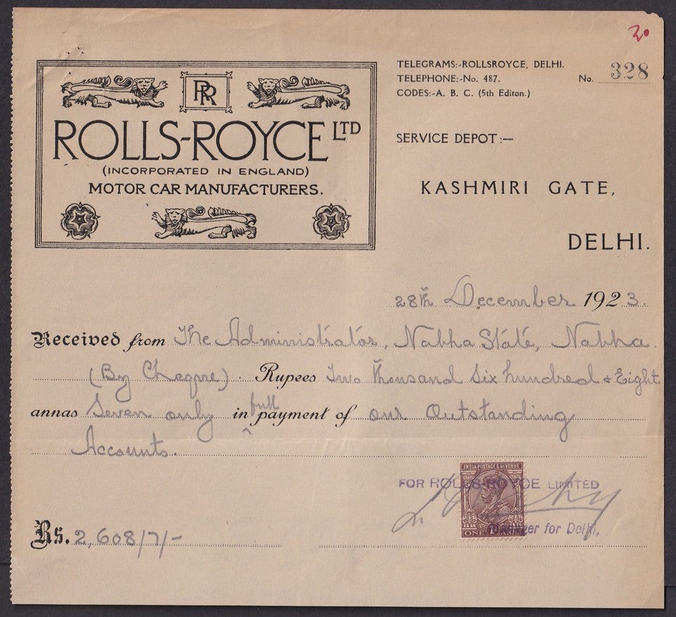 India 1923 ROLLS ROYCE Motor Car, Delhi illustrated receipt