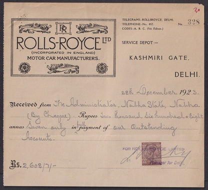 India 1923 ROLLS ROYCE Motor Car, Delhi illustrated receipt