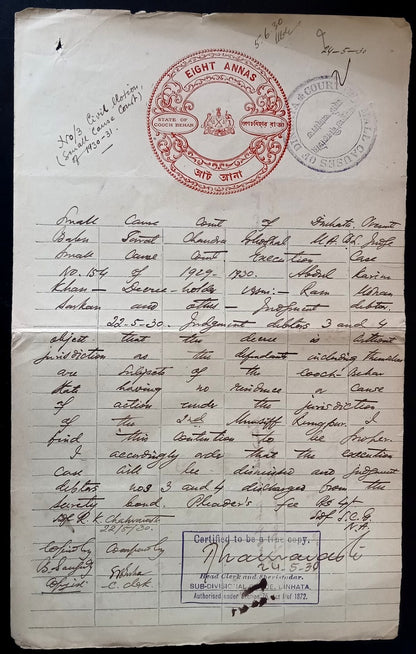 India COOCH BEHAR 8a carmine stamp paper used 1930; Type 10 zaz