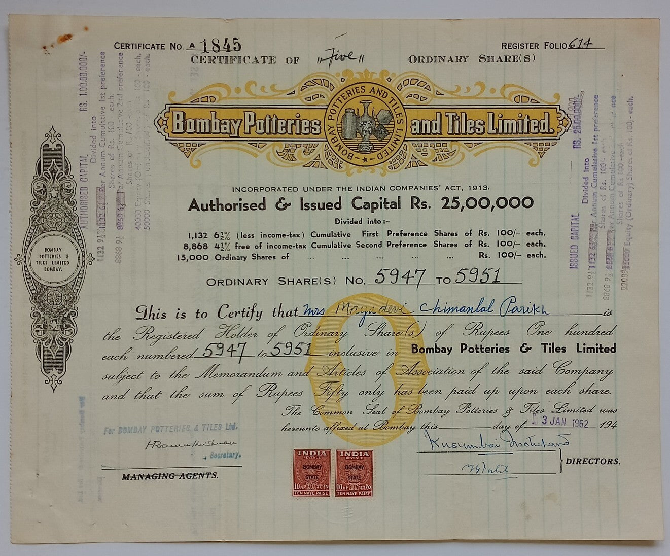 India BOMBAY POTTERIES AND TILES LIMITED 1962 share certificate