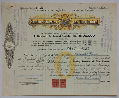 India BOMBAY POTTERIES AND TILES LIMITED 1962 share certificate