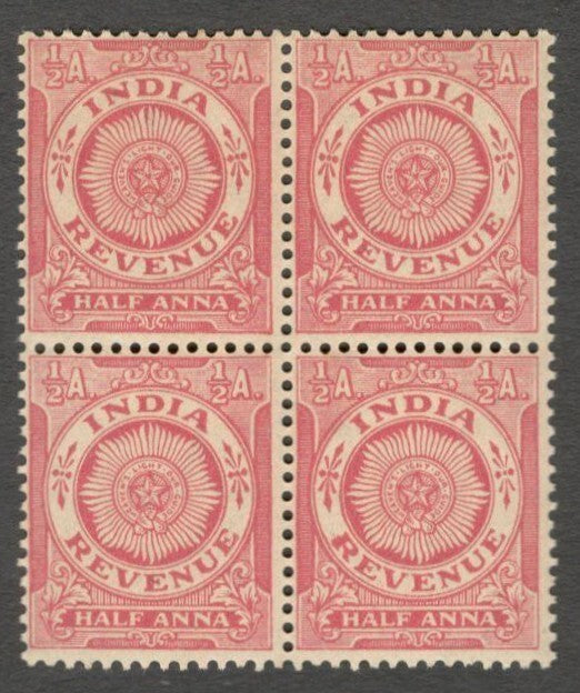 AOP India 1934 revenue stamp 1/2a red MNH block of 4