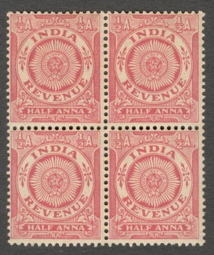 AOP India 1934 revenue stamp 1/2a red MNH block of 4