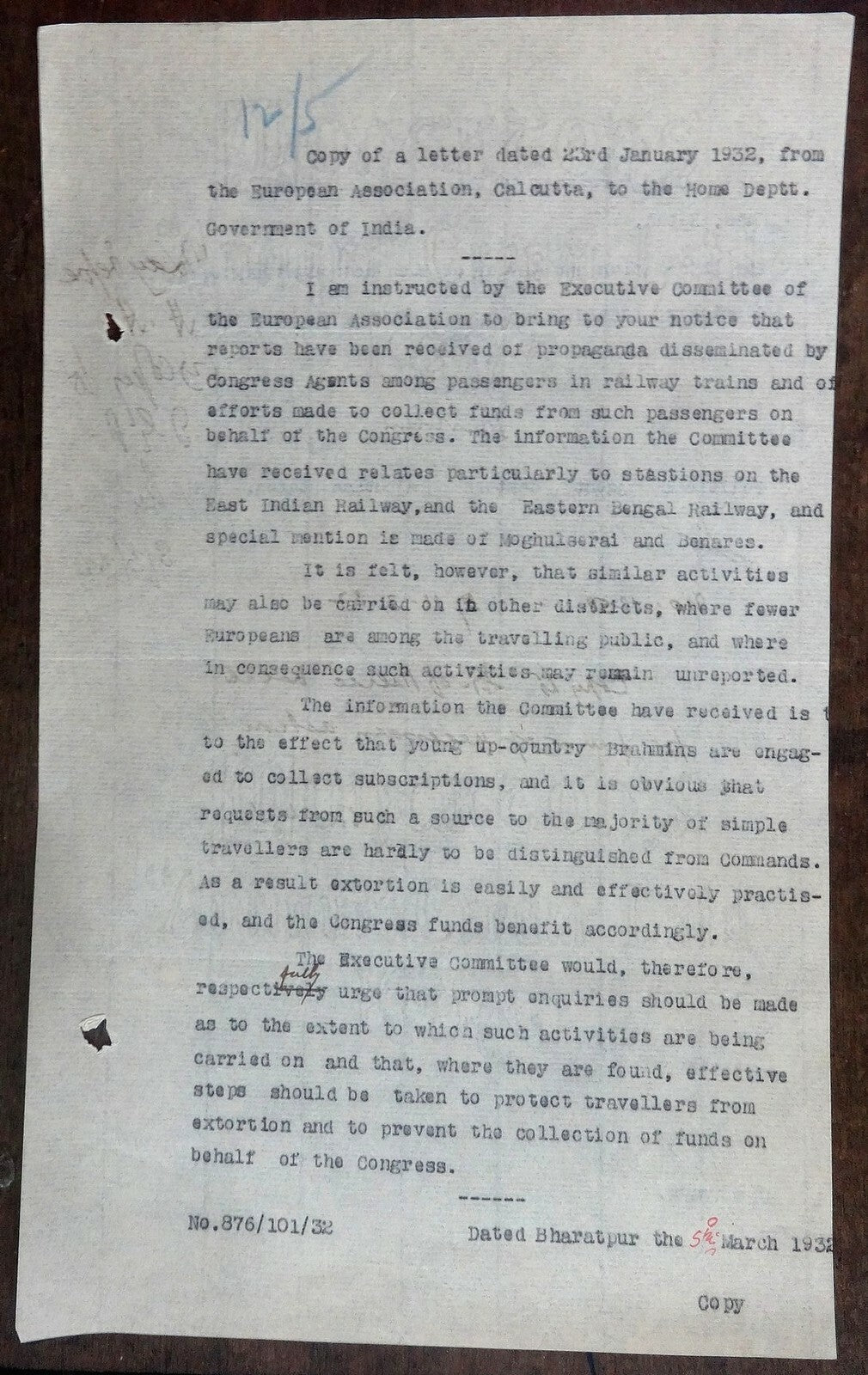 India 1932 document Brahmins raising funds for Congress defined as extortion