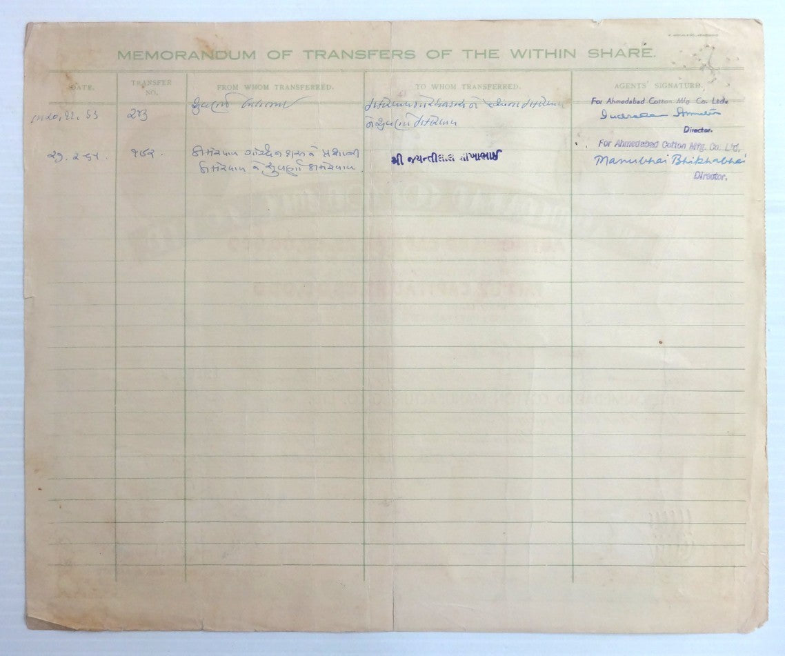 India 1955 Ahmedabad Cotton Mfg share certificate - see edge faults x