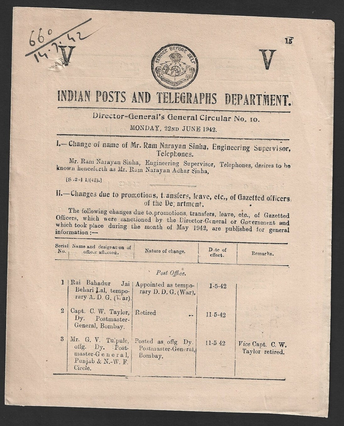 India POSTAL CIRCULAR No. 10 22nd June 1942 Multiple Subjects