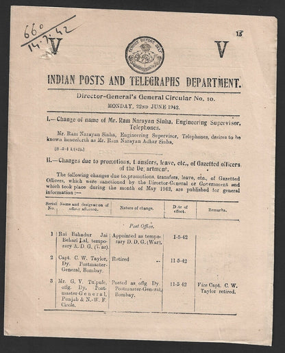 India POSTAL CIRCULAR No. 10 22nd June 1942 Multiple Subjects