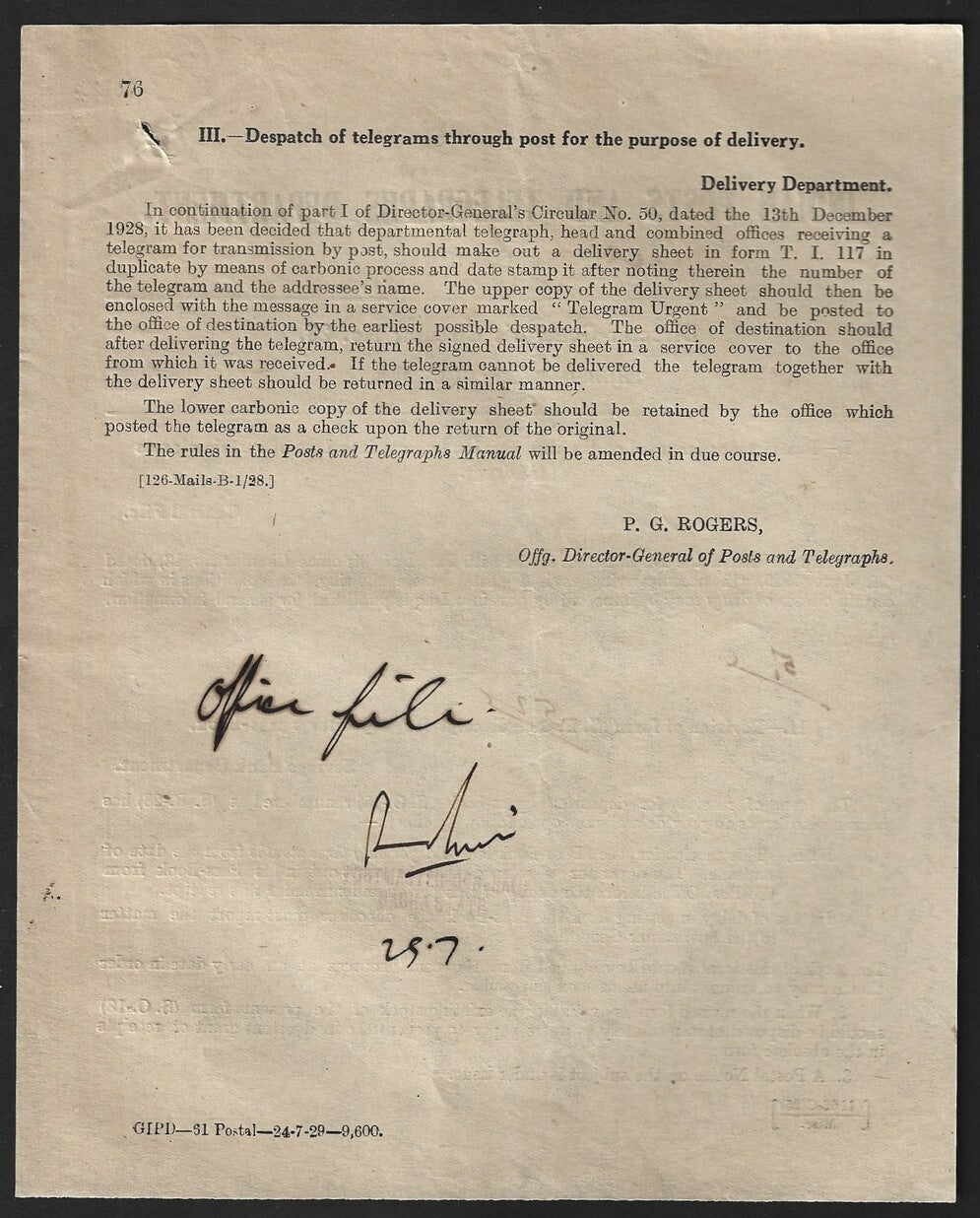 India 1929 DG'S POSTAL CIRCULAR Multiple topics