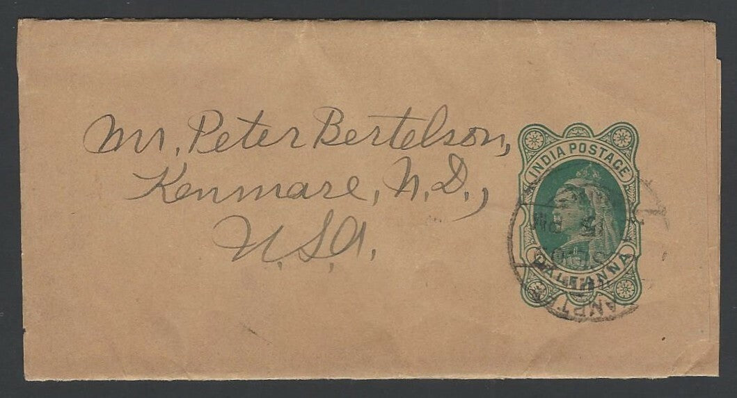 India QV 1/2a wrapper from Kamptee to USA