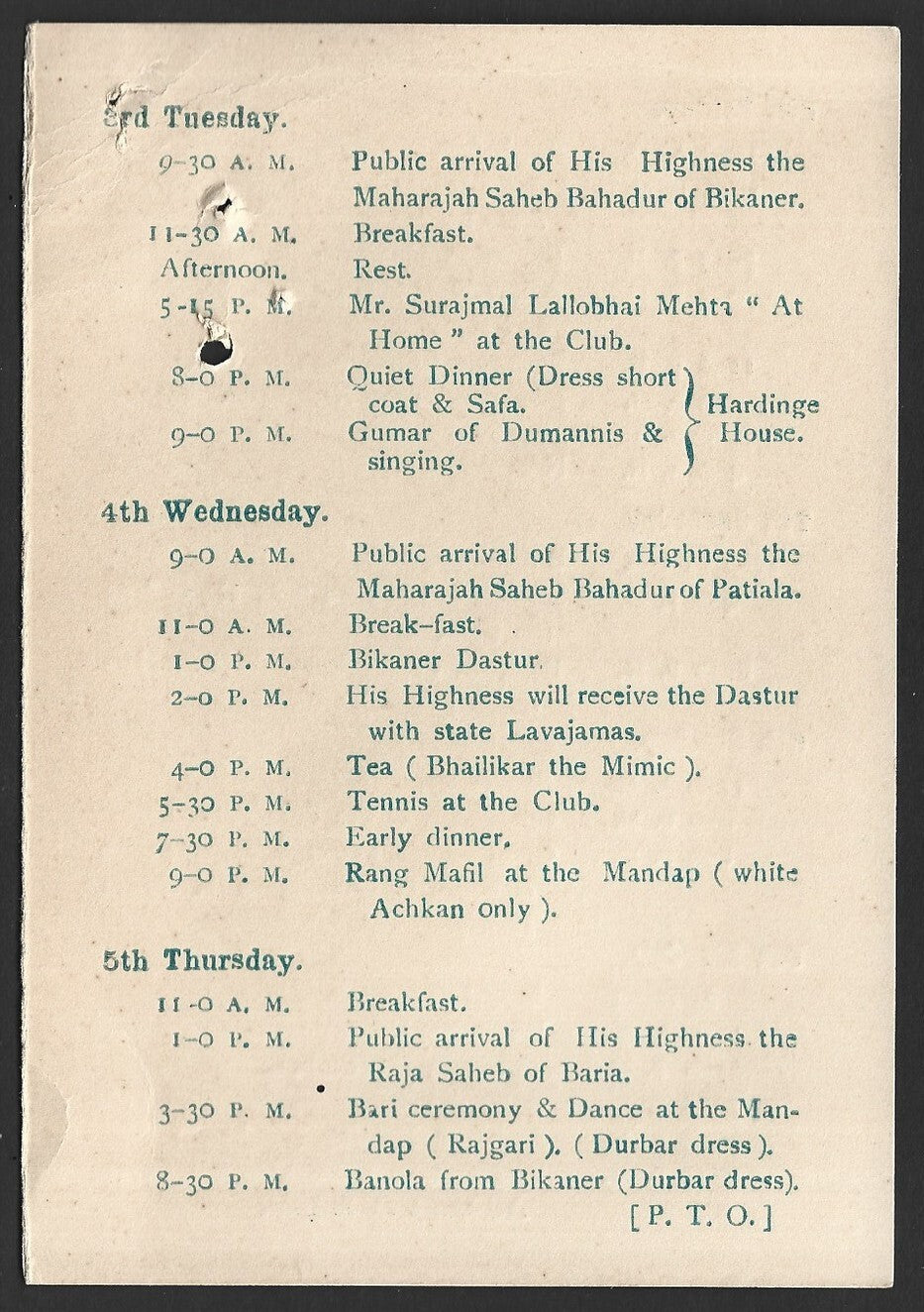 India 1920 Programme of the Wedding of the Nawab of Palanpur