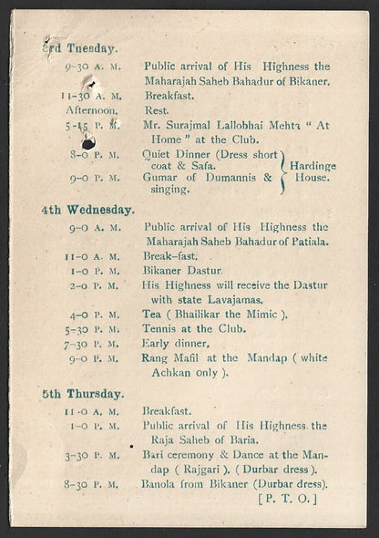 India 1920 Programme of the Wedding of the Nawab of Palanpur