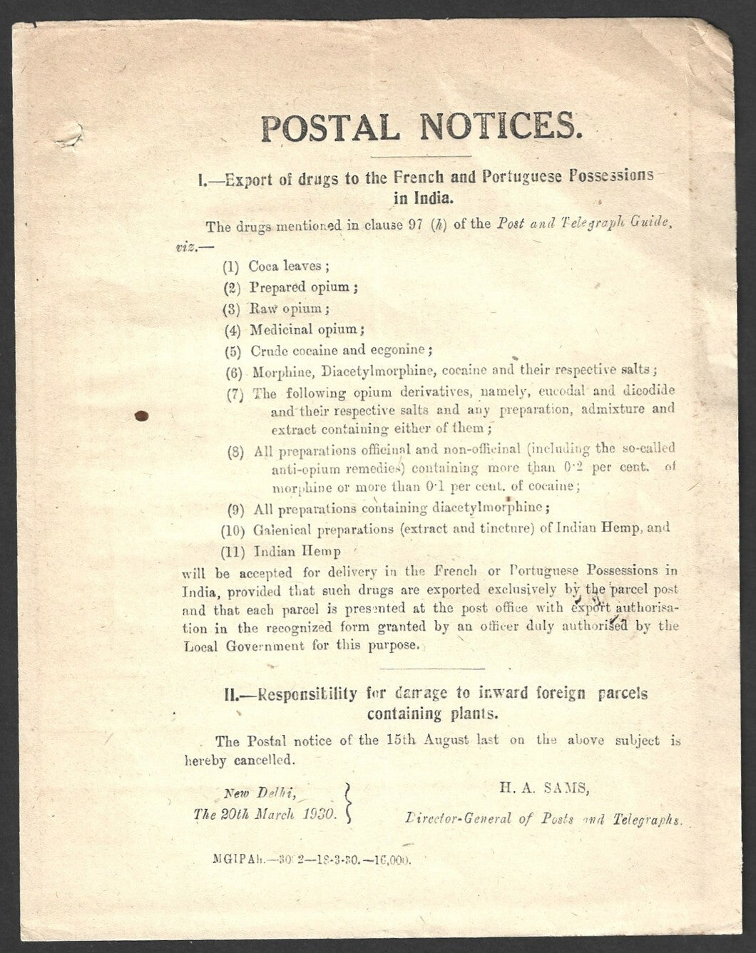 India 1930 POSTAL NOTICE Export of Drugs to French & Portuguese Possessions