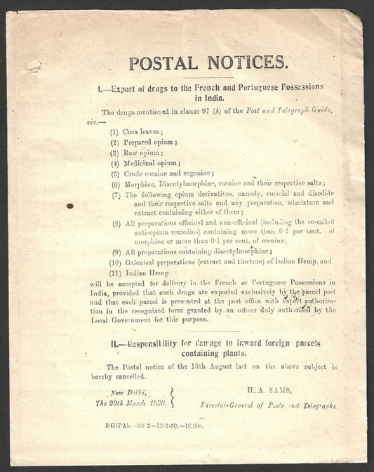 India 1930 POSTAL NOTICE Export of Drugs to French & Portuguese Possessions