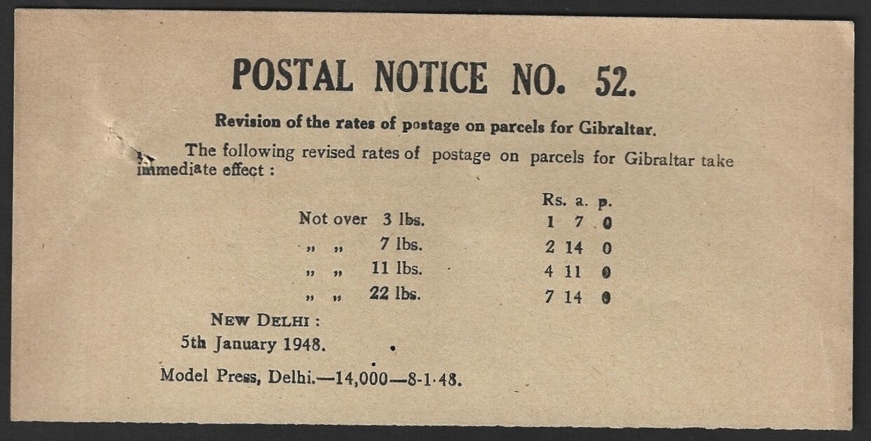 India POSTAL NOTICE #52 5tJan 1948 Postage rates for Gilbraltar + CIRCULAR No.54