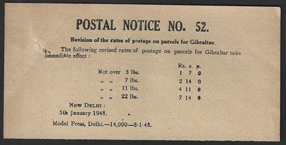 India POSTAL NOTICE #52 5tJan 1948 Postage rates for Gilbraltar + CIRCULAR No.54