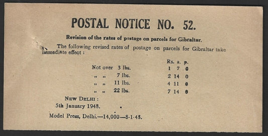 India POSTAL NOTICE #52 5tJan 1948 Postage rates for Gilbraltar + CIRCULAR No.54