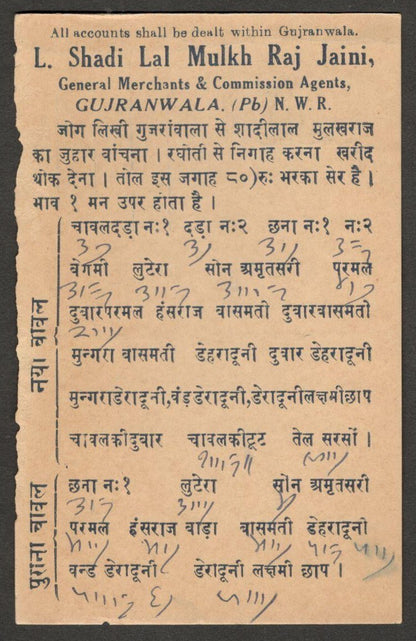 (AOP) India KGV 1932 GUJRANWALA advertisement postcard NEW RICE