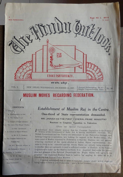The Hindu Outlook weekly newpaper of the Hindu Mahasabha 1937 India 16pgs