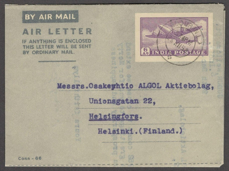 India 1950s 6a violet aerogramme used 1952 to Finland
