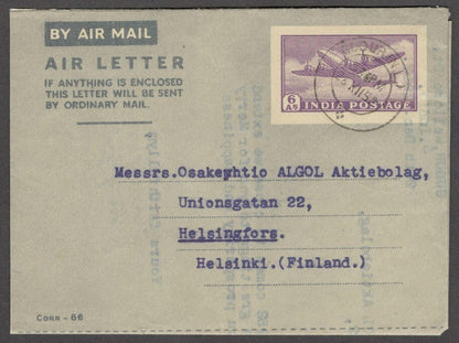 India 1950s 6a violet aerogramme used 1952 to Finland