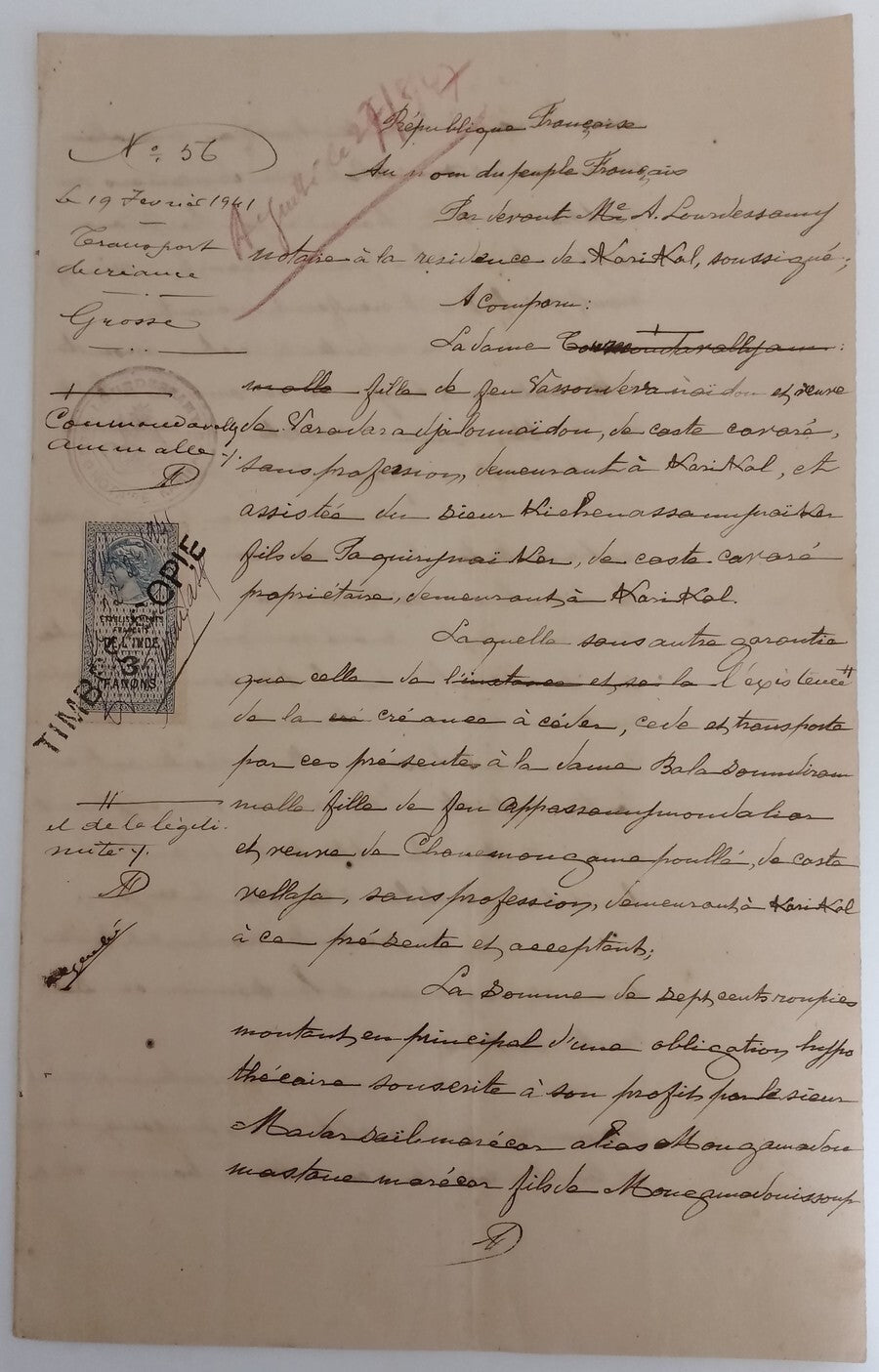 AOP French India 1909 3fa revenue stamp on 1941 8 page KARIKAL document
