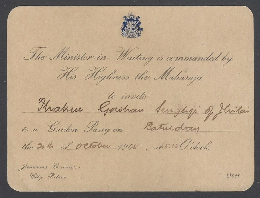 AOP India JAIPUR STATE crested 1945 invitation card