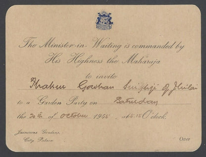 AOP India JAIPUR STATE crested 1945 invitation card