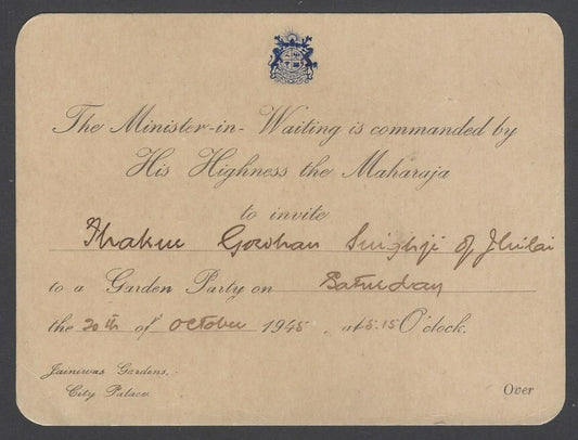 AOP India JAIPUR STATE crested 1945 invitation card