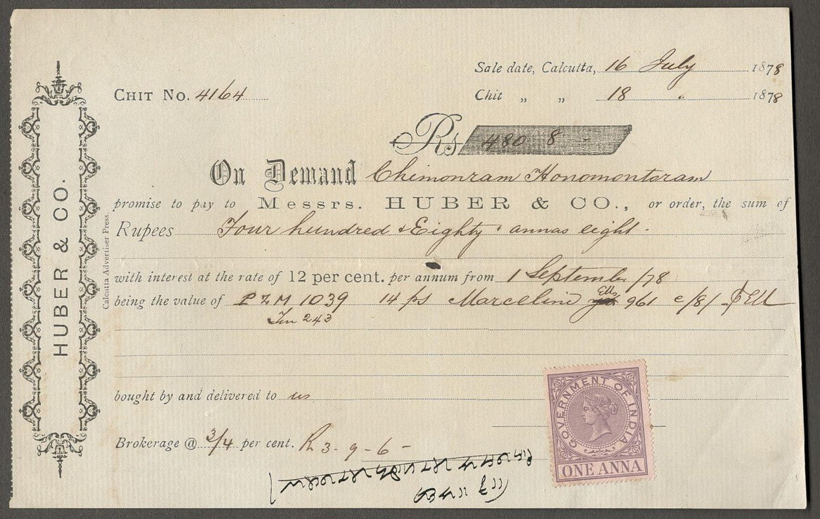India QV revenue stamps on 1878-79 on promissory notes