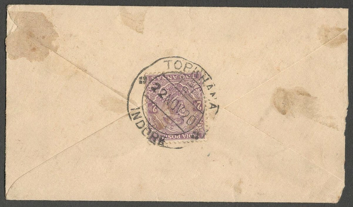 AOPIMT India 1920 registered cover canc "TOPKHANA/TEL./INDORE"