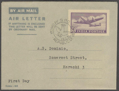 India 1951 aerogramme 6a used first day to Karachi (correct rate)
