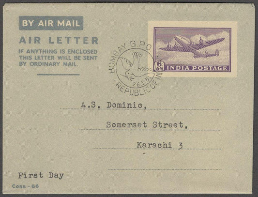 India 1951 aerogramme 6a used first day to Karachi (correct rate)