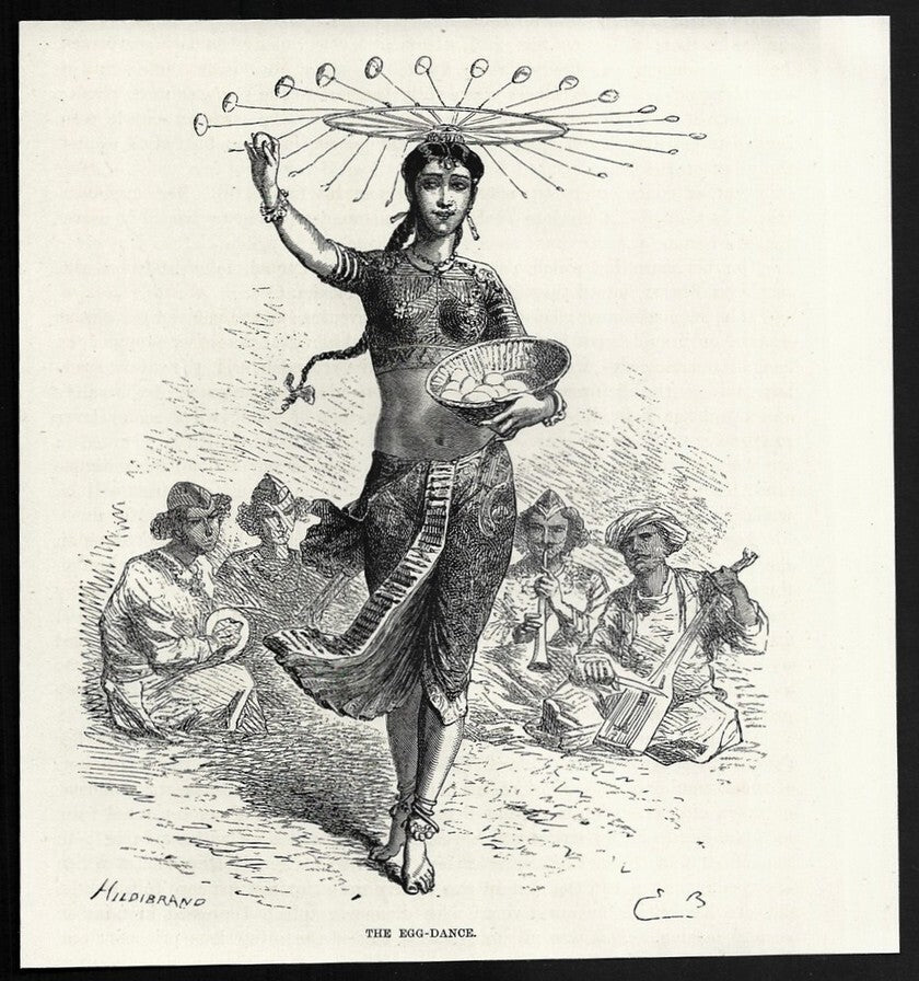 India THE EGG-DANCE engraved print ex libris Rousslet 1876 6.5"x6"