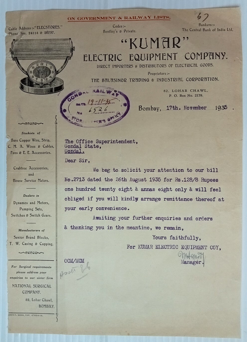 AOP India 1935 illustrated letterhead ELECTRIC EQUIPMENT IMPORTERS Bombay