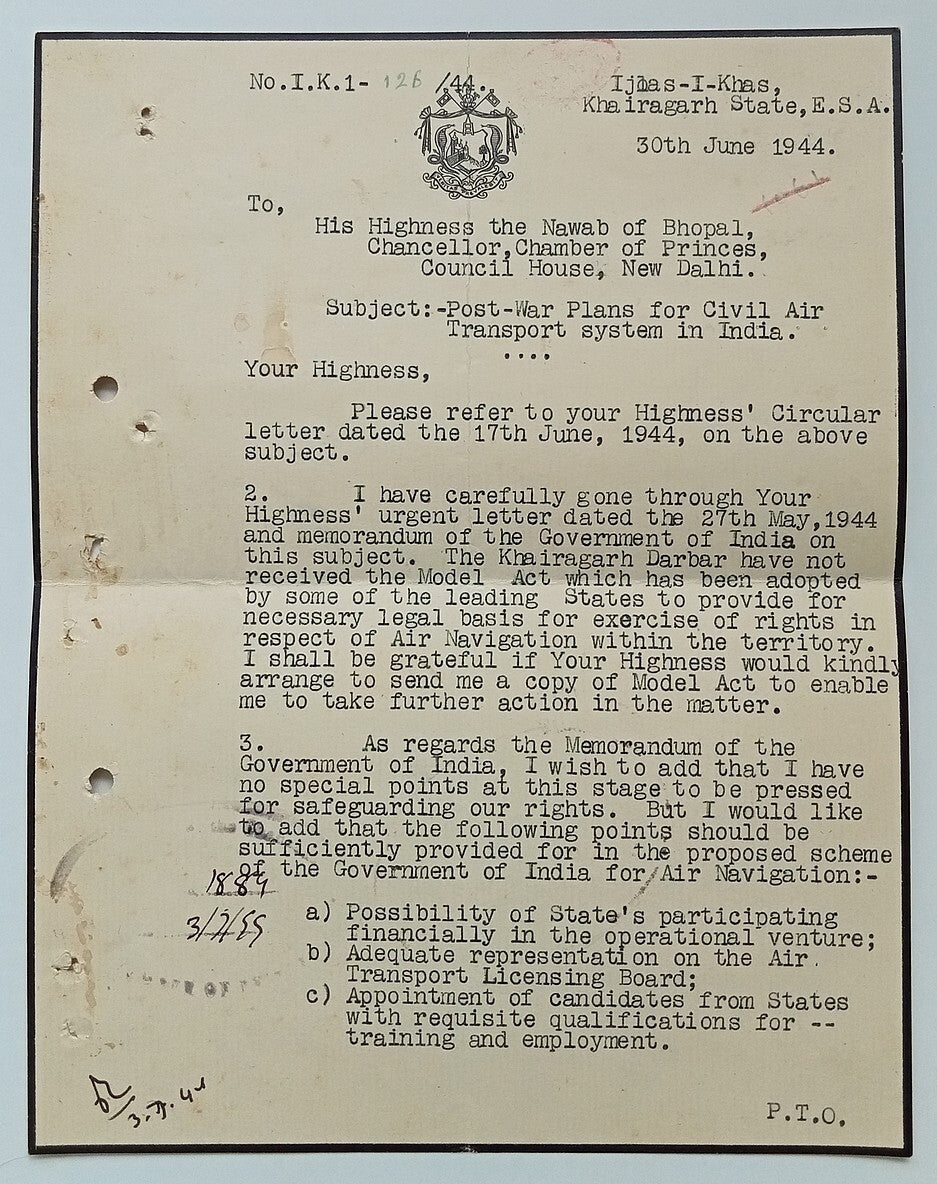 KHAIRAGARH STATE India 1940 crested letter signed by Raja Birendra Bahadur Singh
