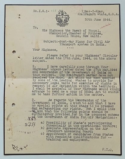 KHAIRAGARH STATE India 1940 crested letter signed by Raja Birendra Bahadur Singh