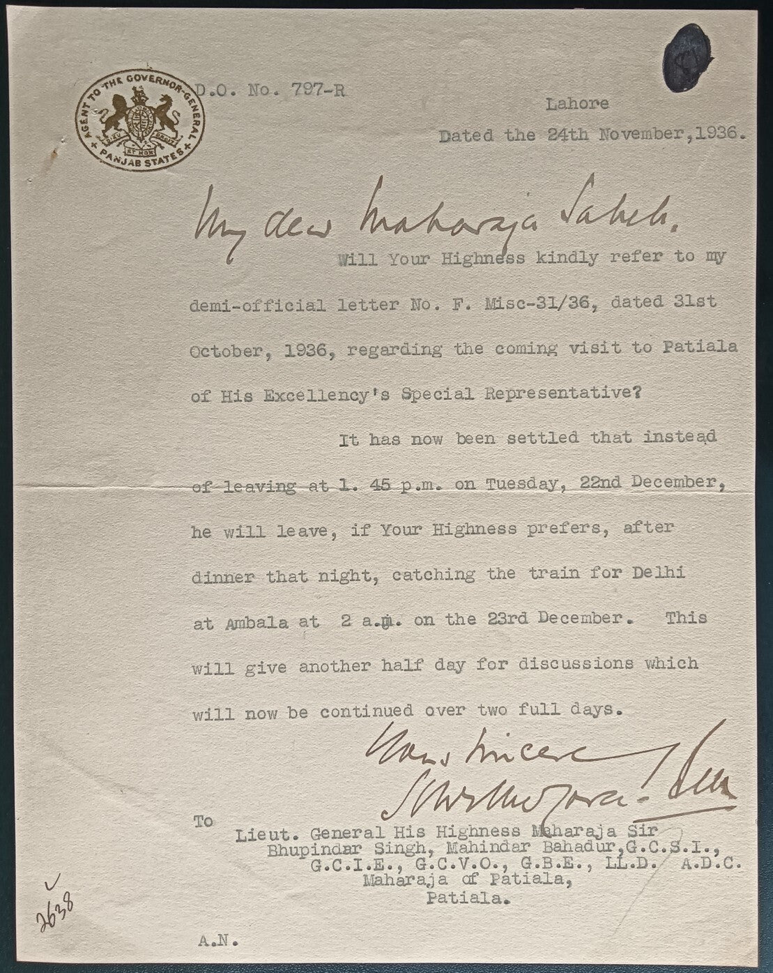 India 1936 crested letter AGENT TO THE GOVERNOR GENERAL * PANJAB STATES