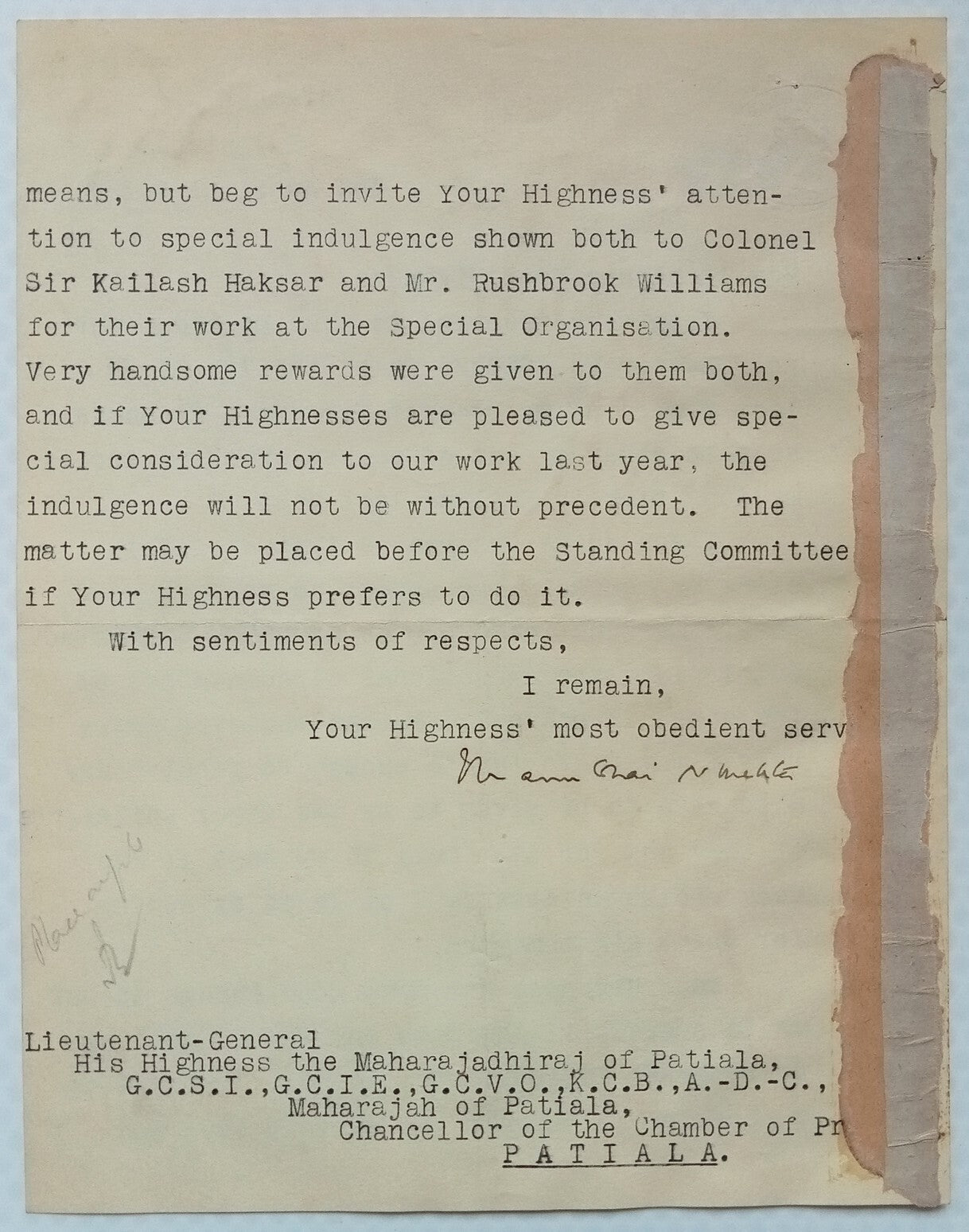BIKANER STATE PRIME MINISTER signed crested letter 1934 India
