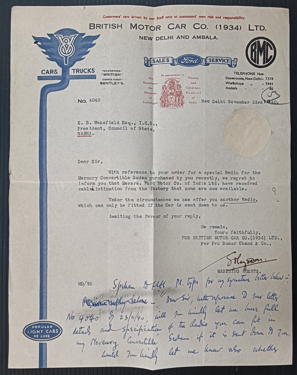 India 1931 THE BRITISH MOTOR CAR CO. LTD., Delhi BENTLEYS letterhead