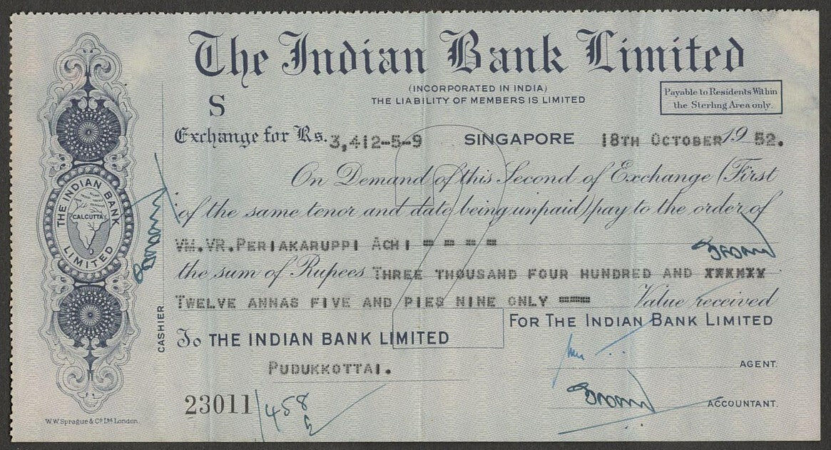 (AOP) Malaya CHECK : The Indian Bank Limited, SINGAPORE 1952