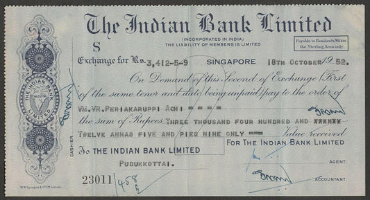 (AOP) Malaya CHECK : The Indian Bank Limited, SINGAPORE 1952