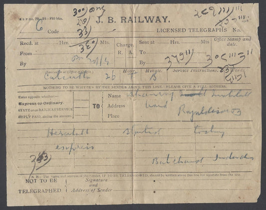 AOP India J.B. (Jodhpur Bikaner) State Railway telegram form used