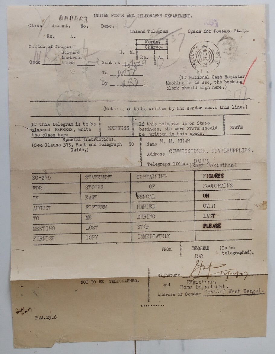 India 1947 Provisional Cyclostyled Telegram with KGVI service stamps