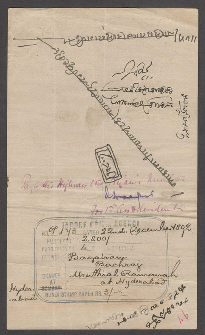 India QV 3R hundi financed by Nizam of Hyderabad with INDORE OPIUM AGENCY hs