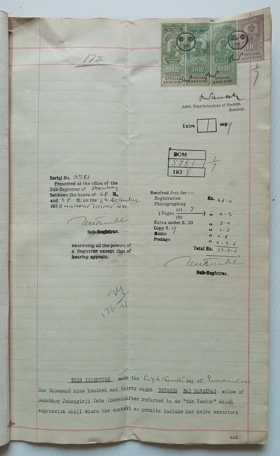AOP India 1938 indenture signed NAVAZBAI TATA w/o Dadabhoy Jehangir Tata