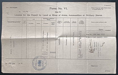 India 1940 Arms & Ammunitions Export Licence
