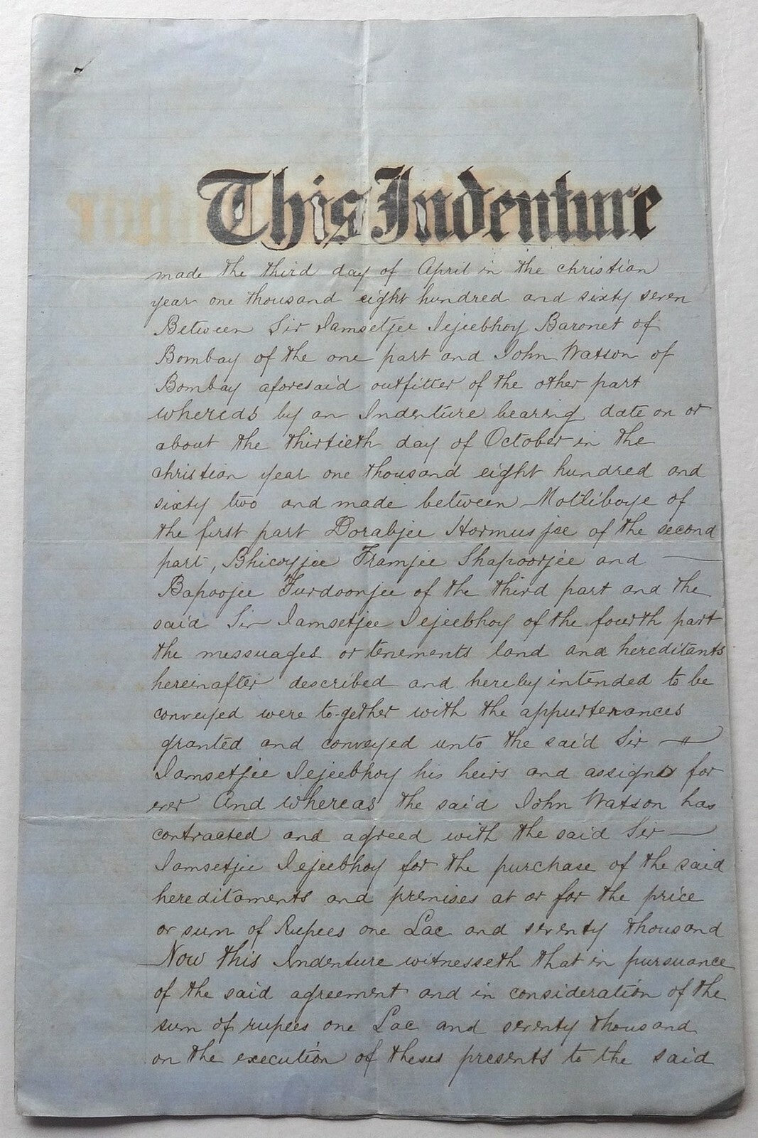India 1867 indenture Jamsetji Jeejeebhoy 2nd Baronet – not signed