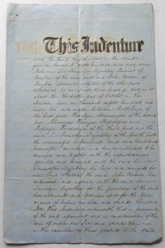 India 1867 indenture Jamsetji Jeejeebhoy 2nd Baronet – not signed
