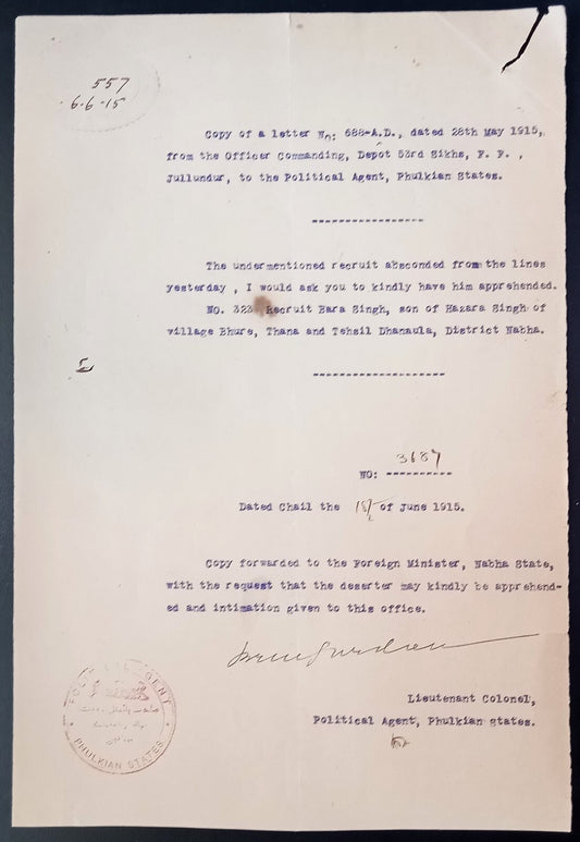 India NABHA State WW1 Official letter to arrest a deserter sd Political Agent