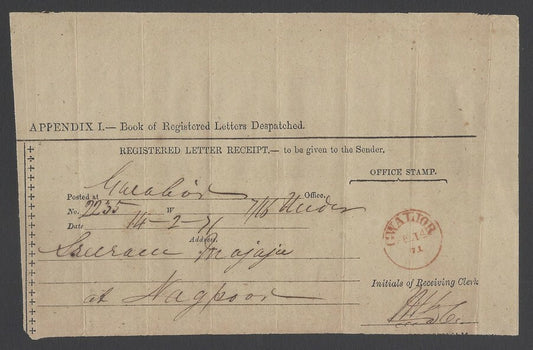 AOPIMT India Gwalior State 1871 registered letter receipt 